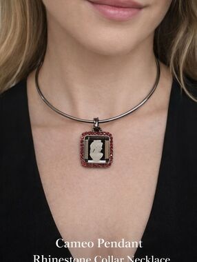 Cameo Style Pendant Necklace Red Rhinestone Square Frame Wire Collar Necklace